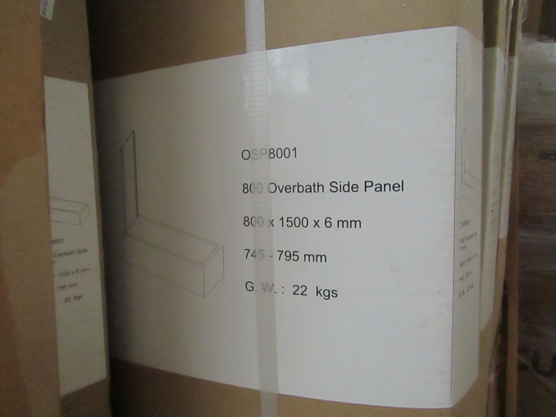 800 Overbath side panel, 800 x 1500 x 6mm, new and boxed. OSP8001