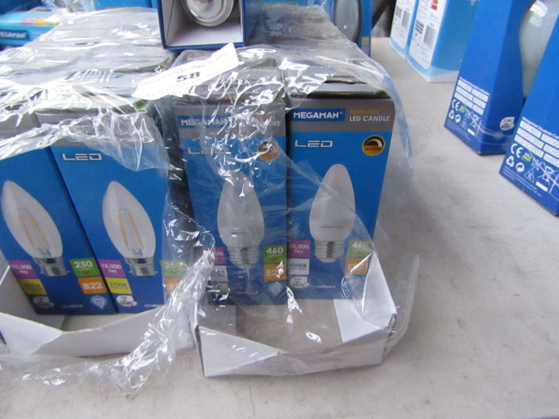 9x Megaman LED Candle bulb, new and boxed. 25,000Hrs / E27 / 460 Lumens
