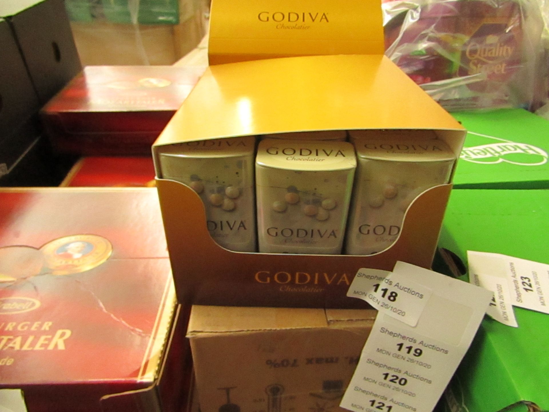 Godiva Chocolatier - Crispy Mini White Chocolate Pearls (18x 35g Tins) - All Unused & Boxed.