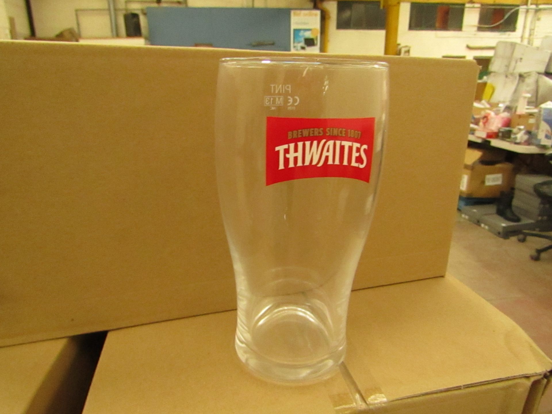 Box of 12 Thwaites Pint Glasses. New & Boxed