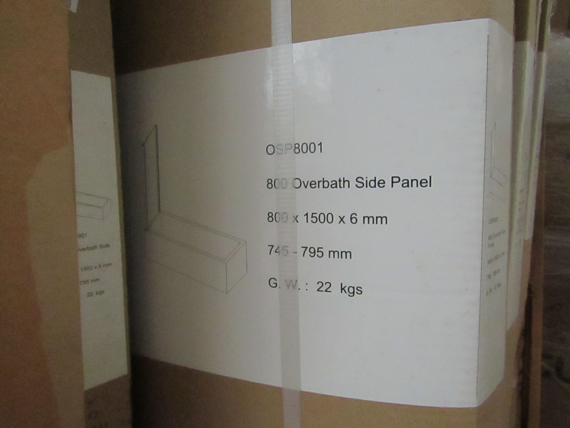 800 Overbath side panel, 800 x 1500 x 6mm, new and boxed. OSP8001