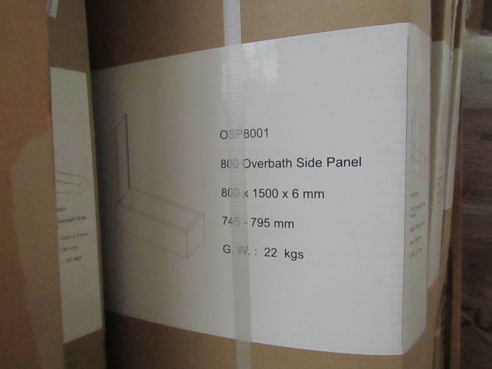 800 Overbath side panel, 800 x 1500 x 6mm, new and boxed. OSP8001