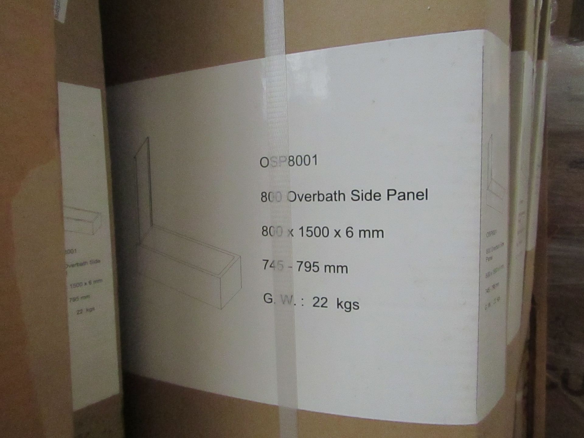 800 Overbath side panel, 800 x 1500 x 6mm, new and boxed. OSP8001