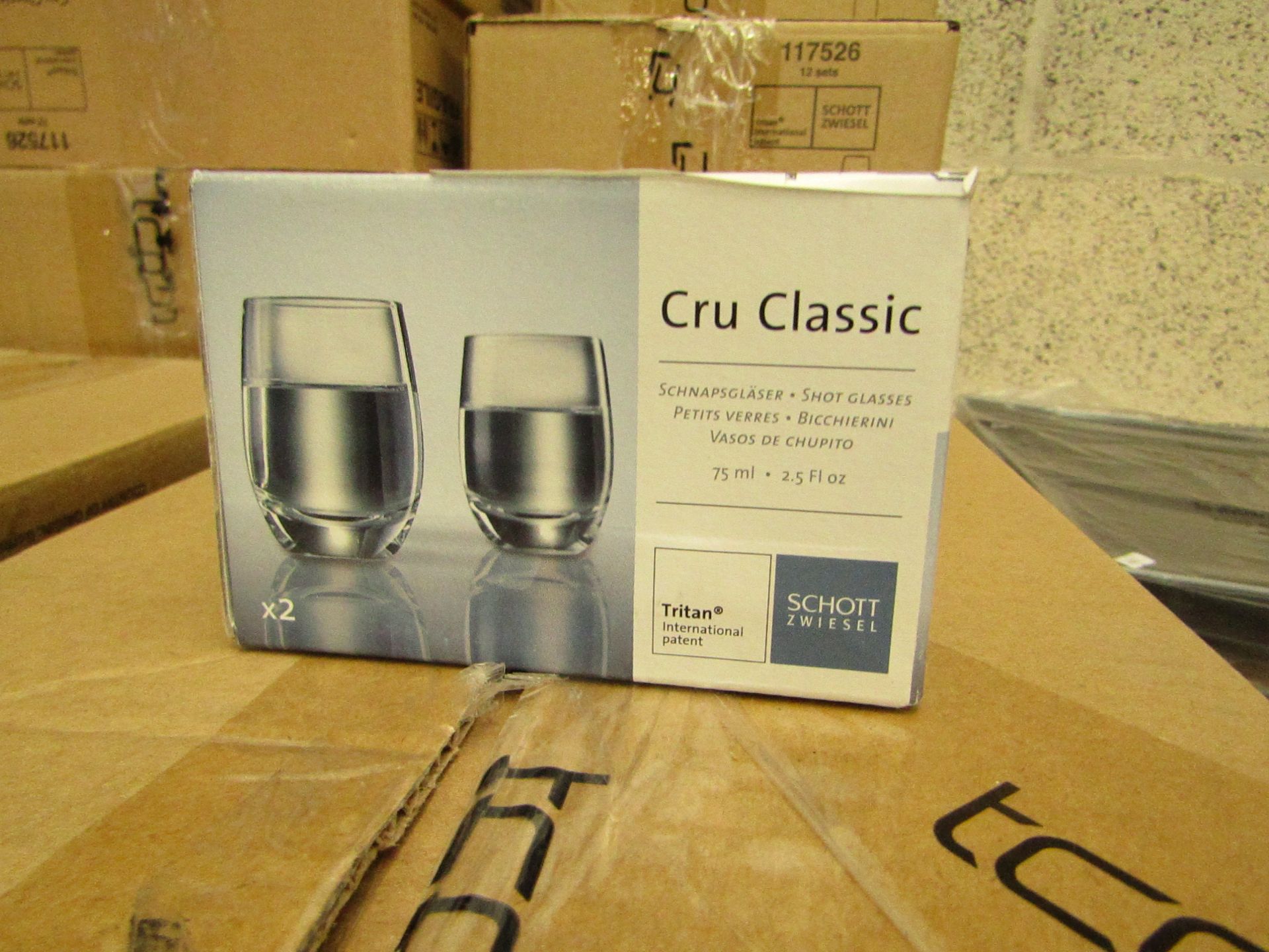 12x Sets of 2 Schott Zwiesel Cru Classic shot glasses, new.
