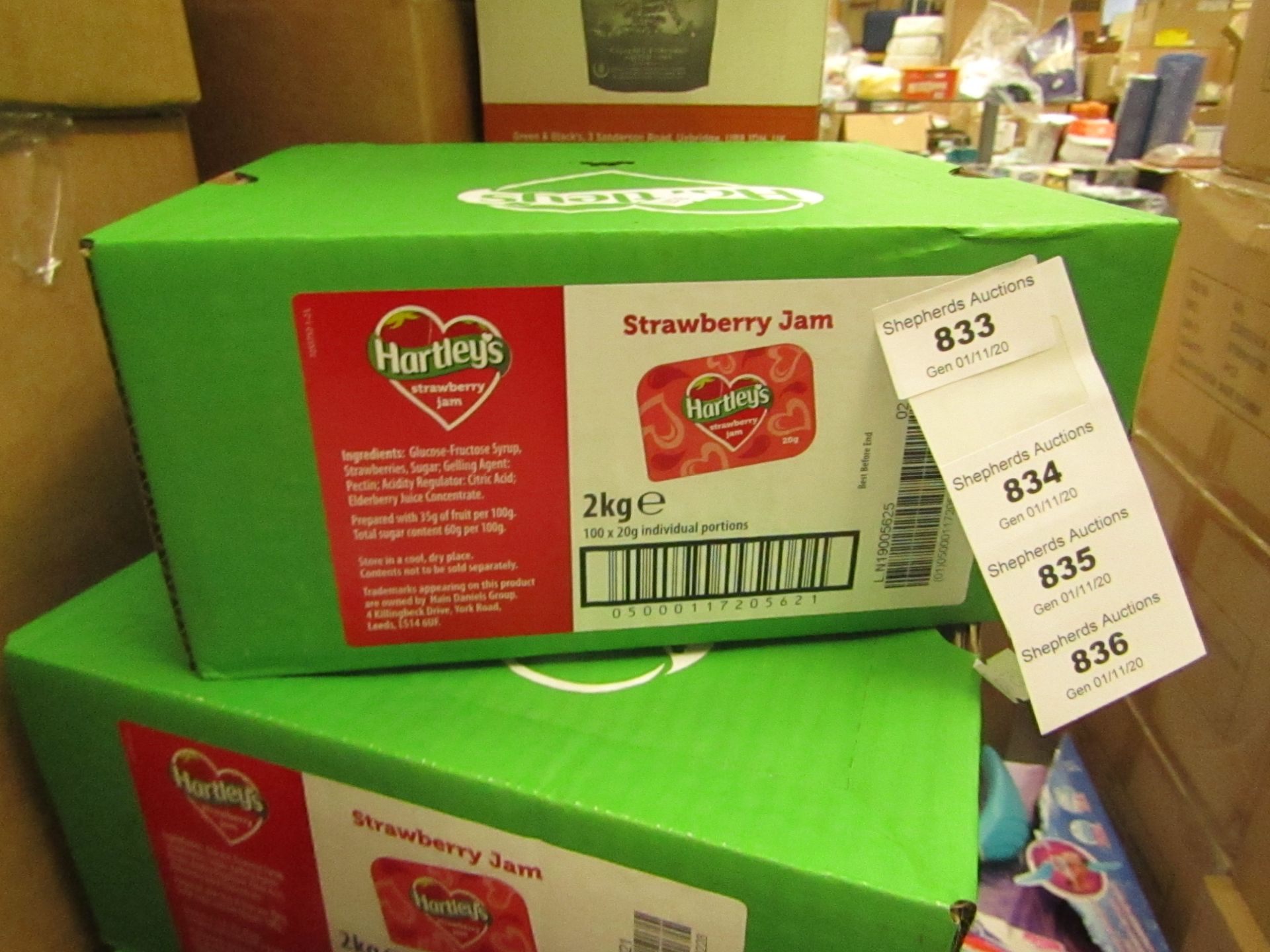 2Kg Box of Hartyleys Strawberry Jam portions, features 100 20g portions in the box, BB 02/2021