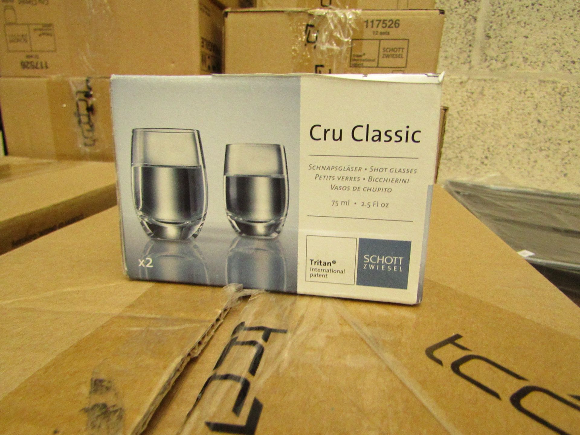 12x Sets of 2 Schott Zwiesel Cru Classic shot glasses, new.