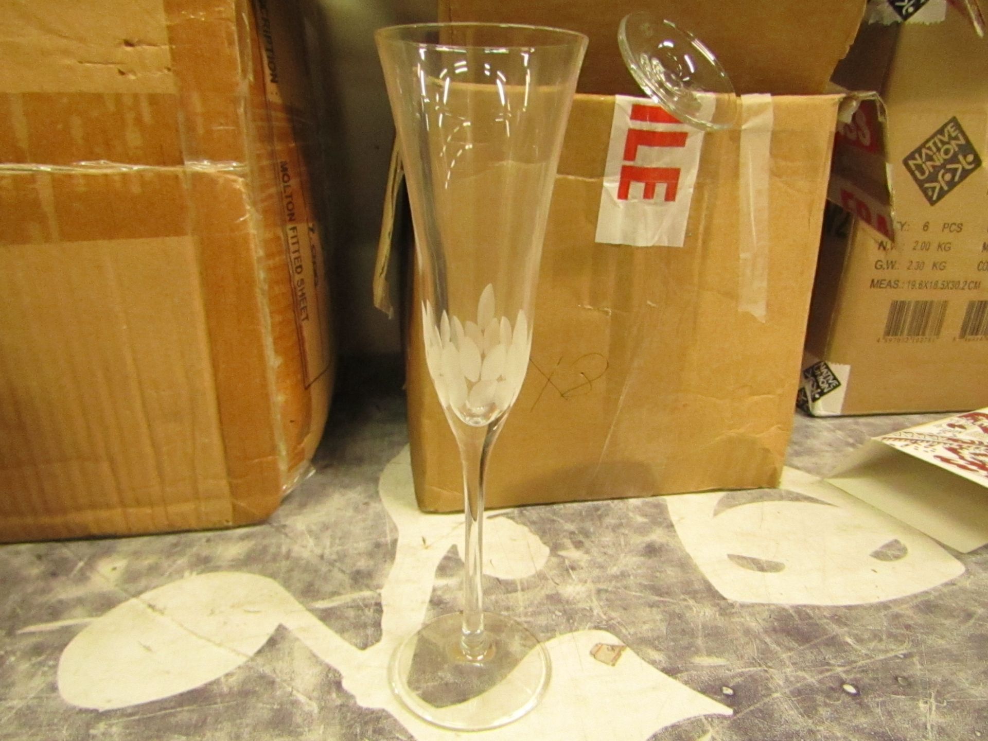 12 x Etched Champagne Flutes. New