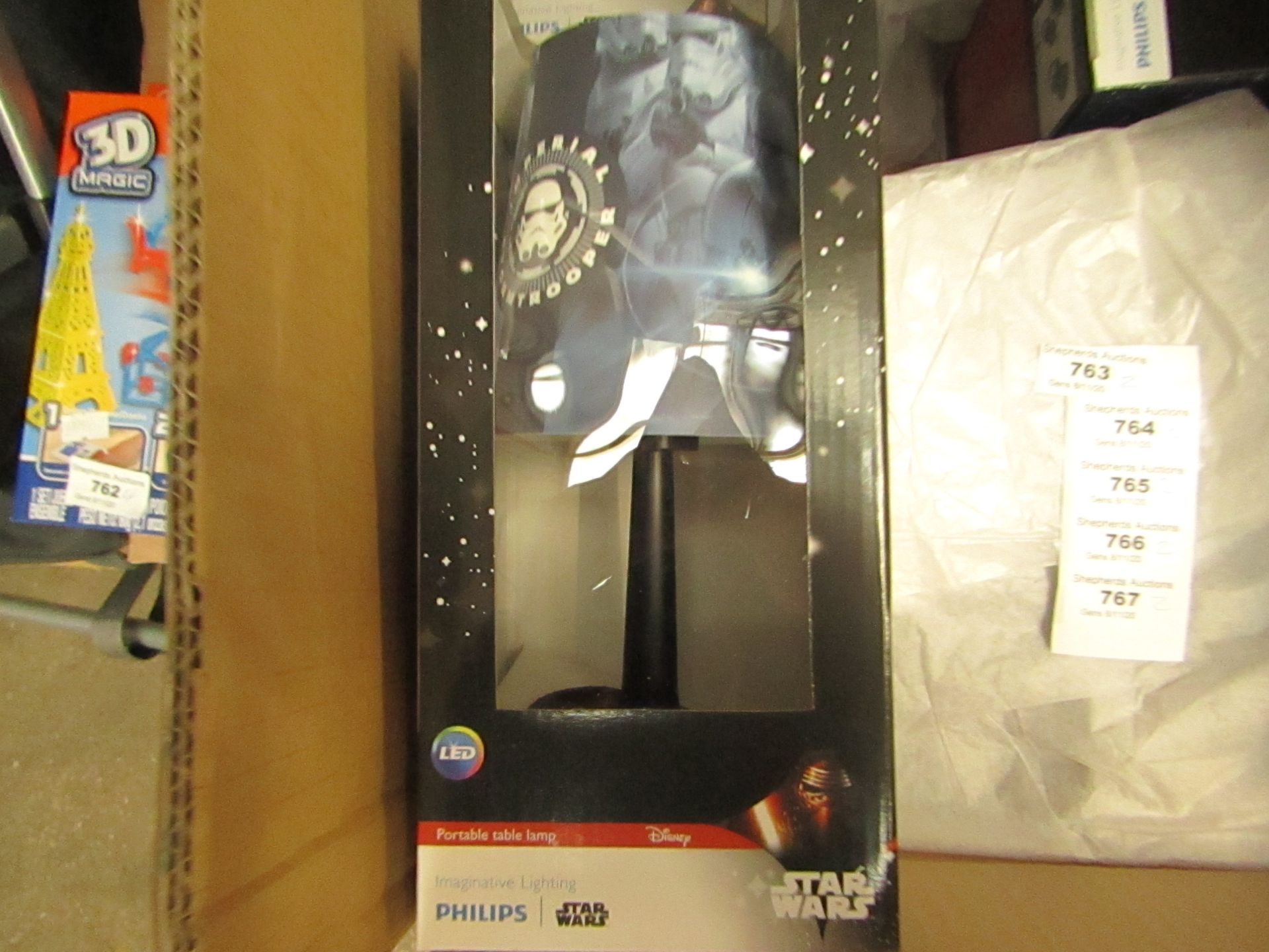 2x Phillips Star wars Table Lamps, boxed and unused bu the packaging has gotten a bit damged, the