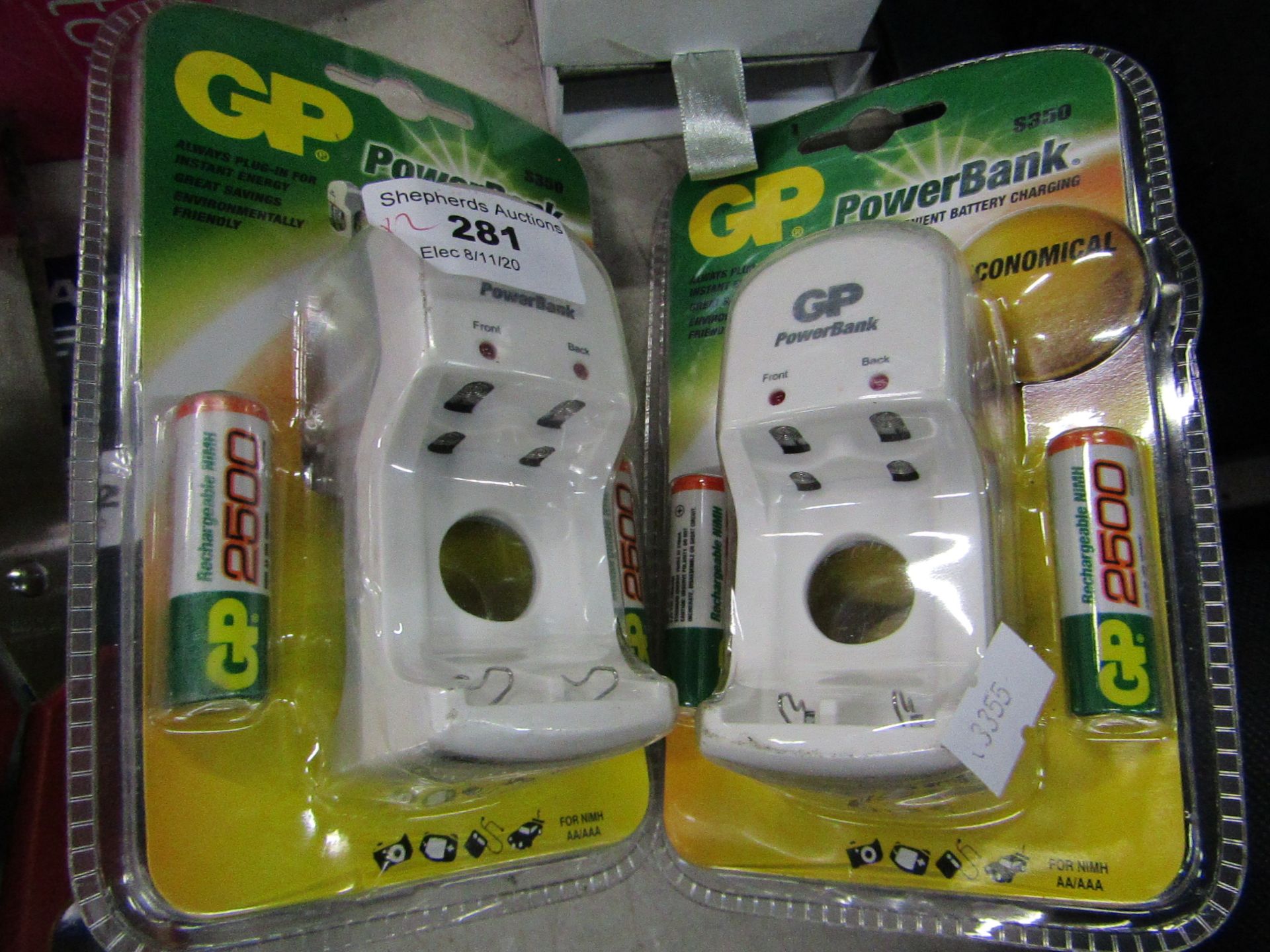 2x GP AA battery chargers with 2 AA rechargable batteries, still sealed