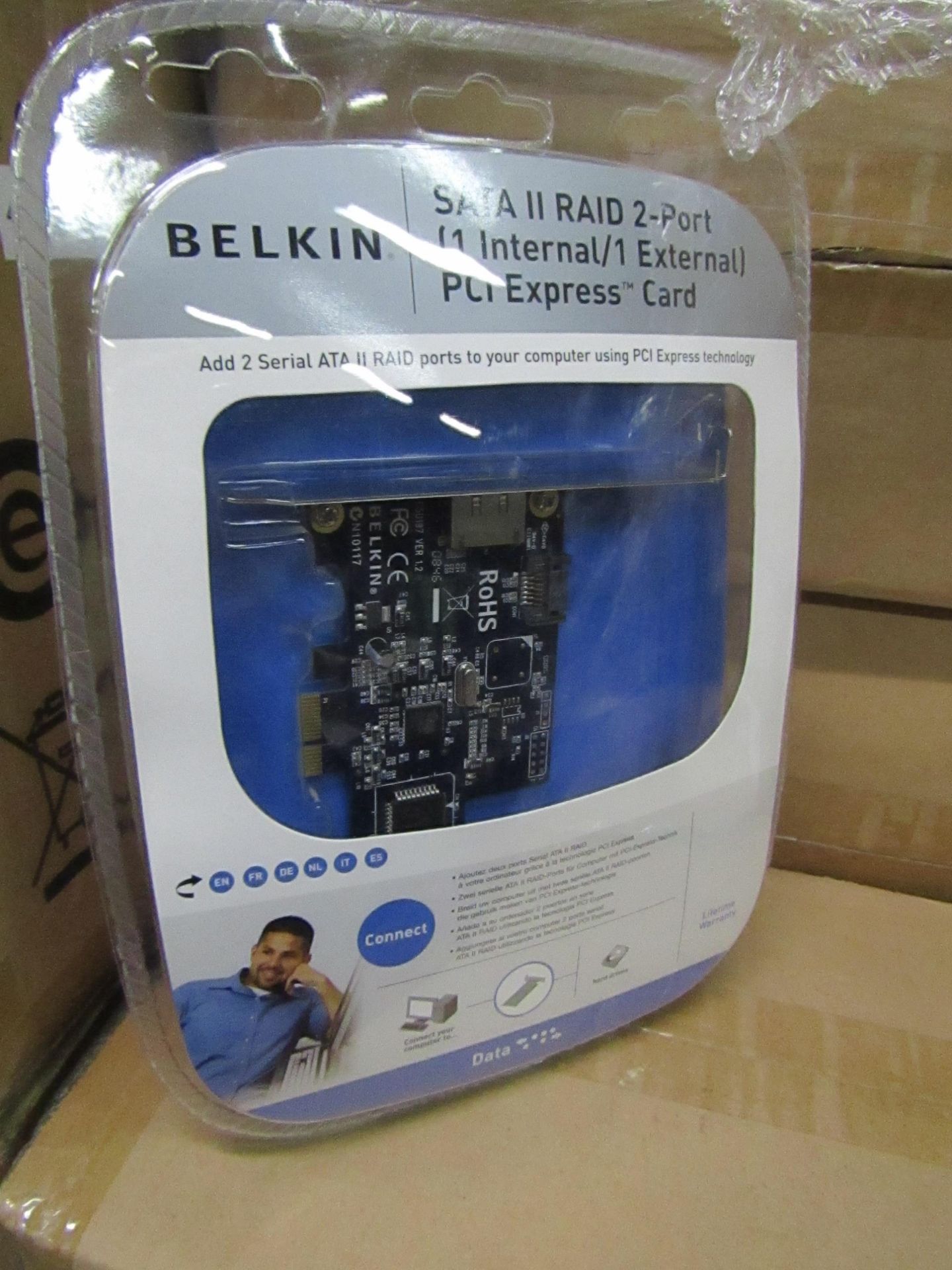 8x Belkin SATA II RAID 2-port 1 internal / 1 external PCI express card, new and packaged.