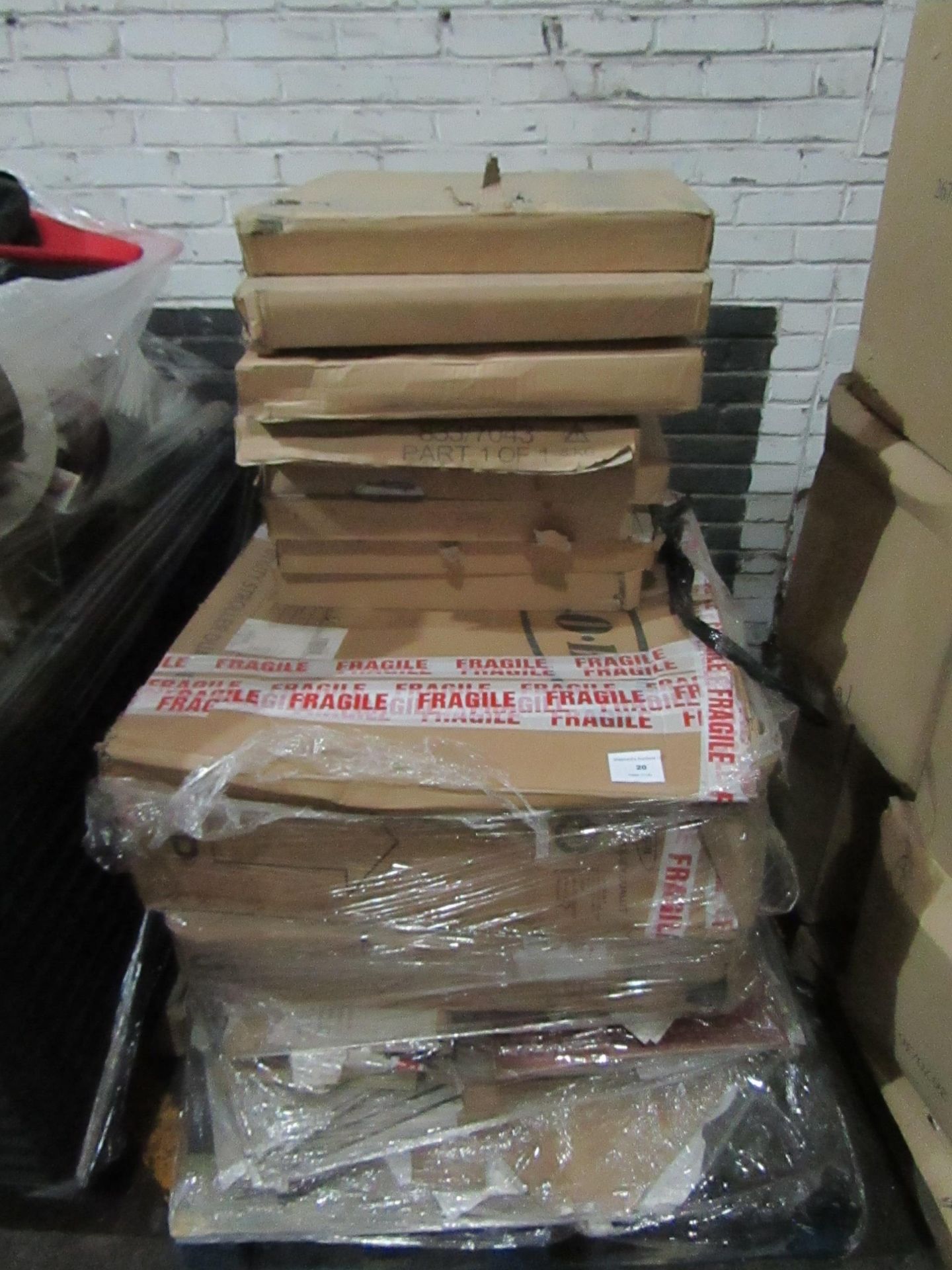 Pallet of Mixed stock including unknown flat pack furniture that says 1 of 1 on the box, 2x