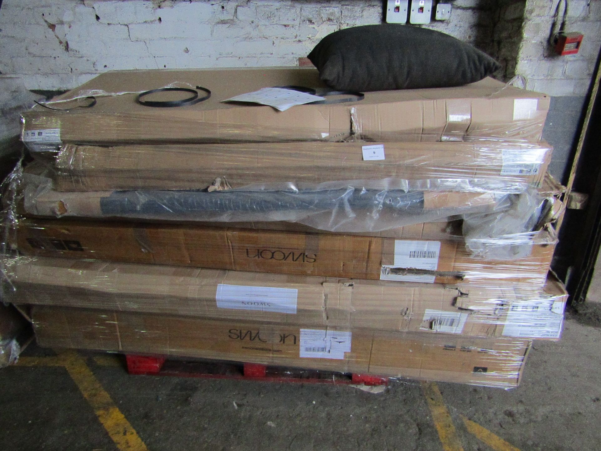 | 1X | PALLET OF SWOON BED PARTS, UNSURE IF ANY MATCH OR MAKE COMPLETE BEDS |