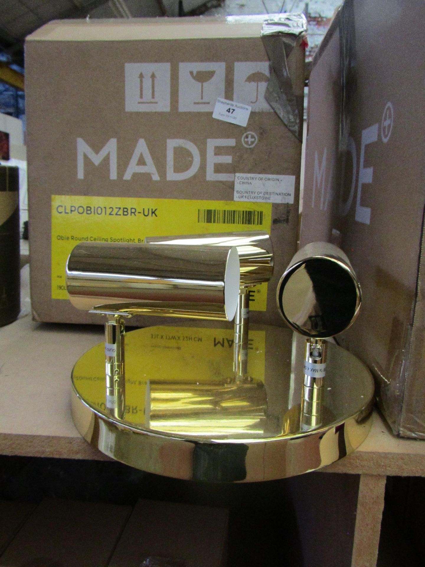 | 1X | MADE.COM OBIE ROUND CEILING 3 SPOT LIGHT IN BRASS | BOXED AND UNCHECKED |