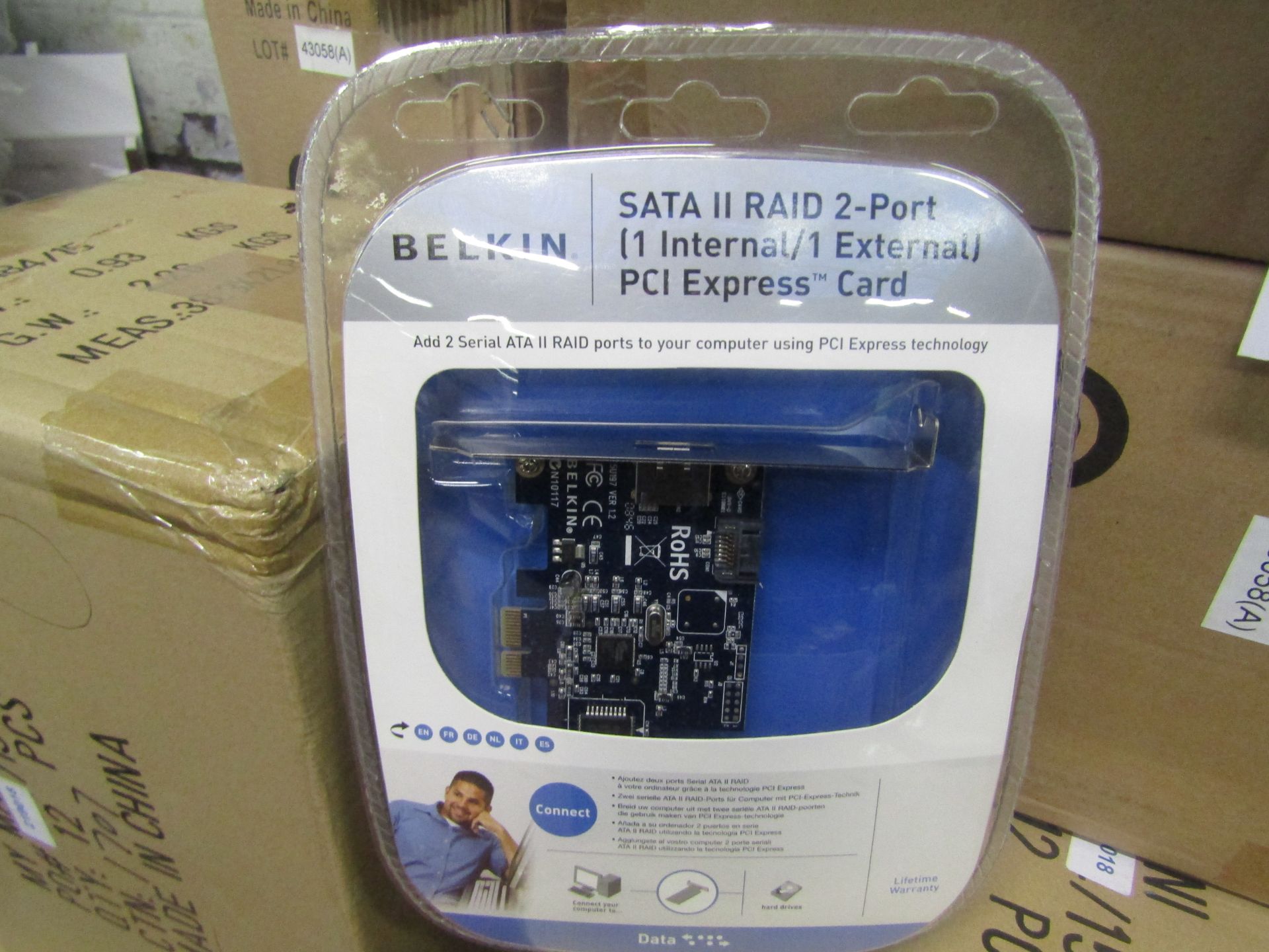 8x Belkin SATA II RAID 2-port 1 internal / 1 external PCI express card, new and packaged.