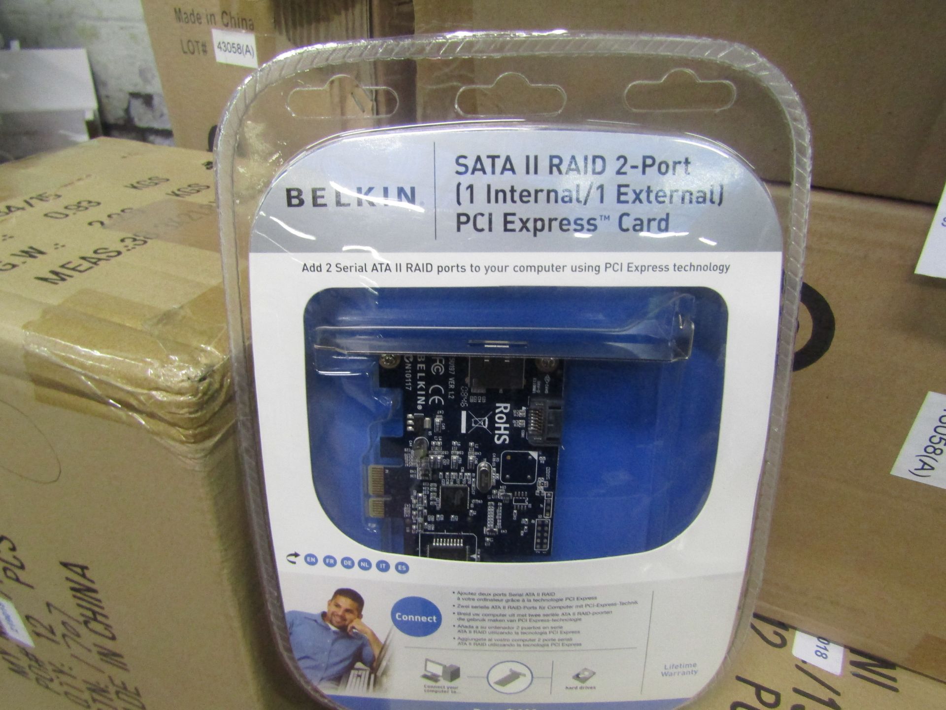 8x Belkin SATA II RAID 2-port 1 internal / 1 external PCI express card, new and packaged.