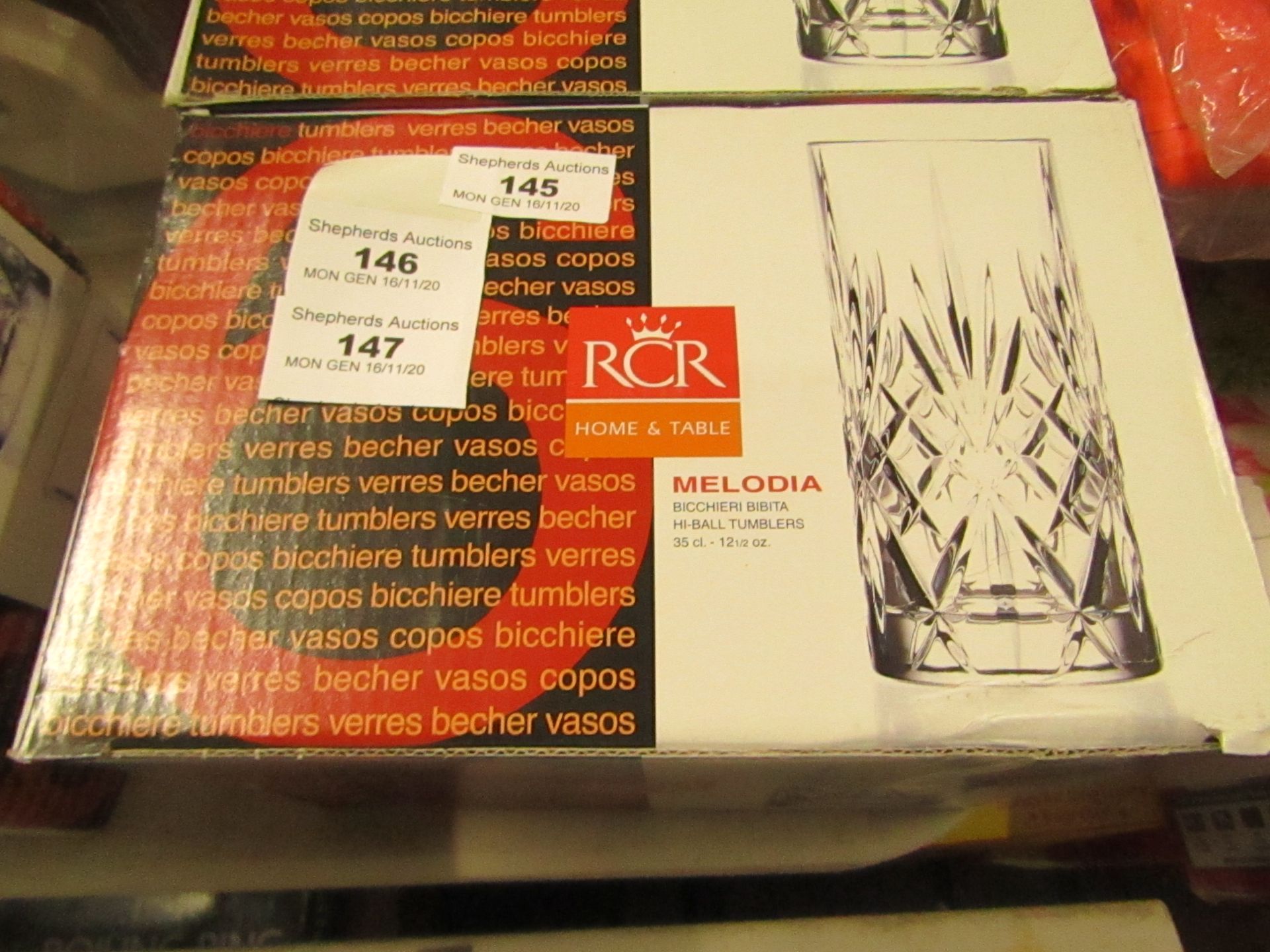 RCR 6 piece glass set, new and boxed.
