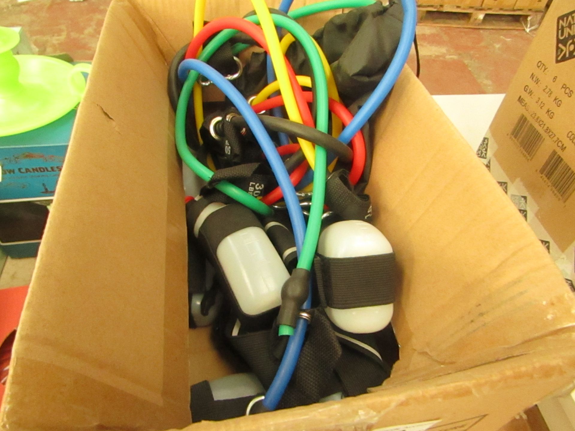 Box of approx 10x various items such as water bottles and elastic bands.
