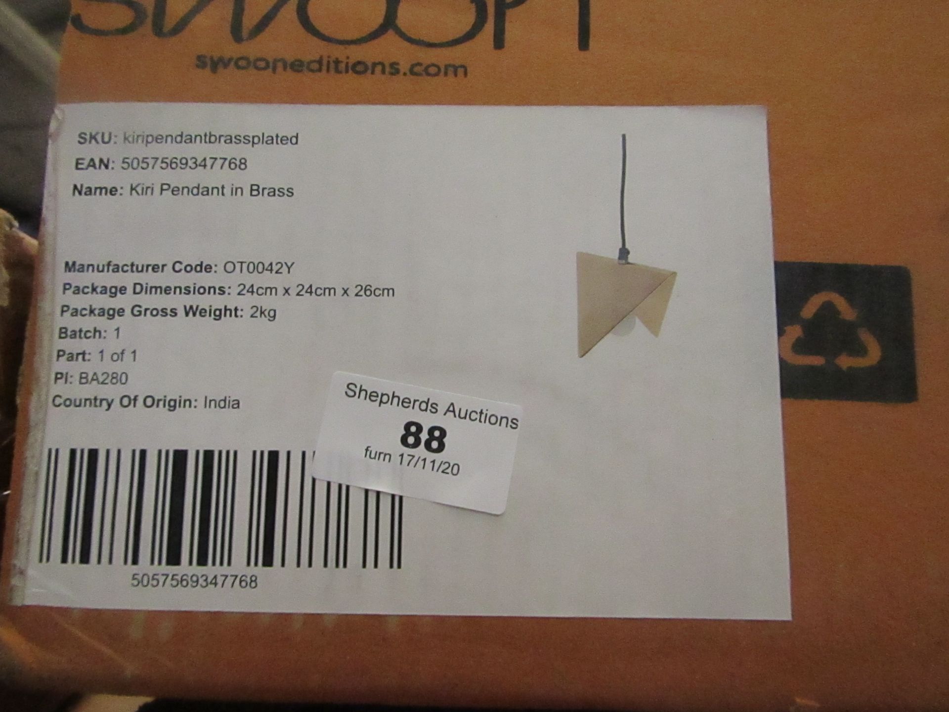 | 1X | SWOON KIRI PENDANT LIGHT IN BRASS | UNCHECKED AND BOXED | RRP £79 |