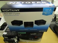 Net Geart nighthawk mesh wifi 6 systemwith advance whole home wifi, boxed and unchecked