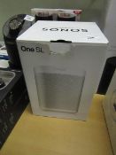 Sonos One SL Speaker boxed and unchecked as we would have to set up a sonos account.