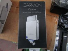 Carmen Chrome portable shave with USB charger, new and boxed.