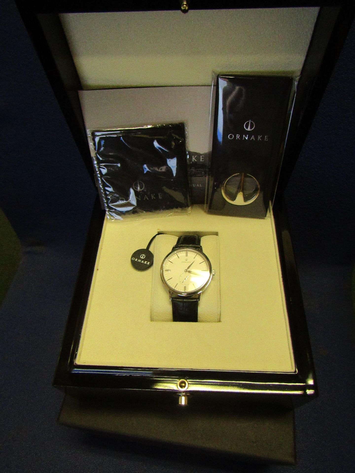 Ornake watch, miyota movement, white and Silver with black leather strap, new, Boxed and ticking.