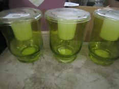 3x Green Glass Candles - Unused.