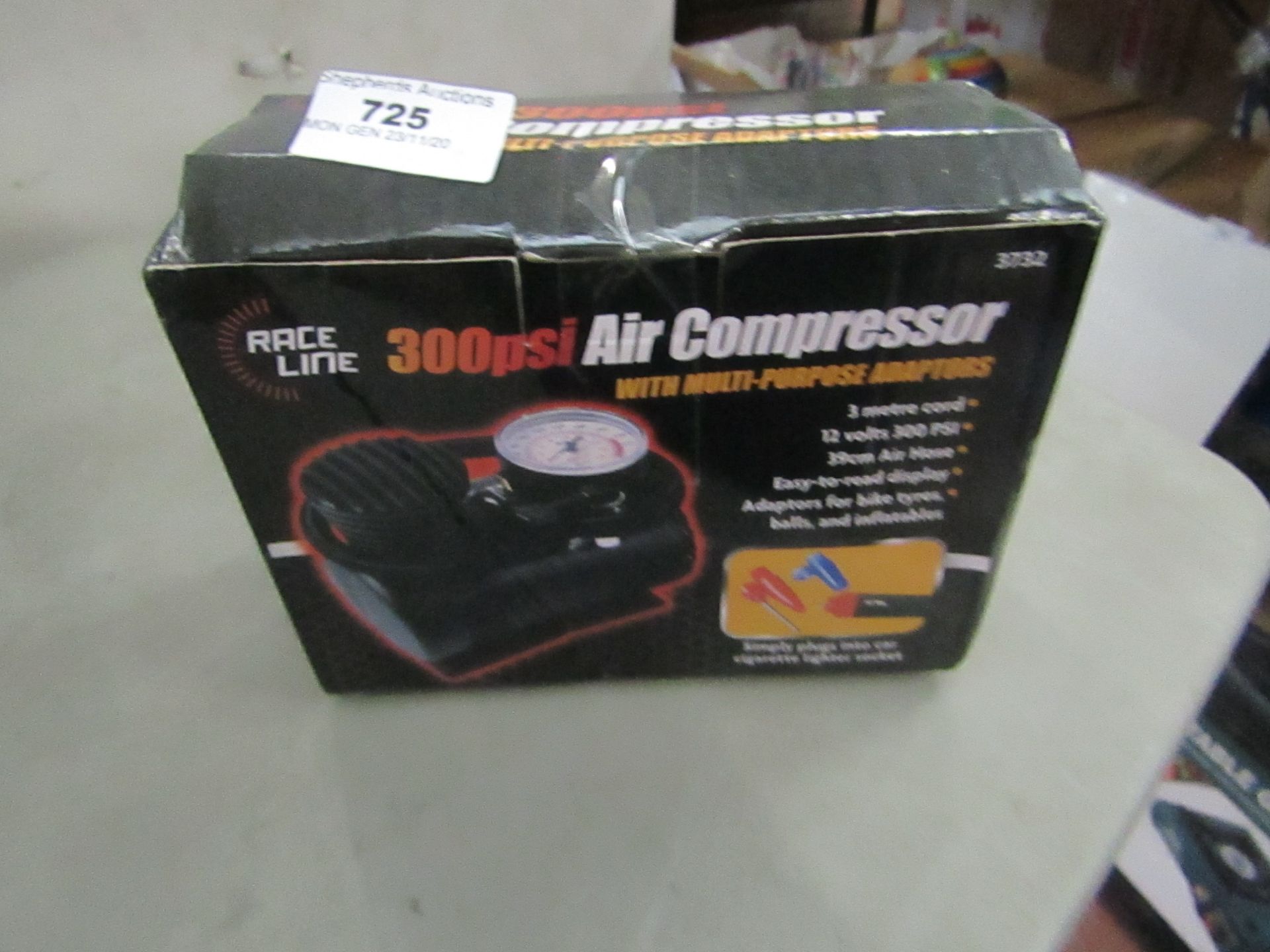 Race Line 300 PSI Air Compressor with Adapters. Unsued