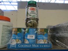 2x Items being a 27g tub of bay leaves and a Pack of 6x 400ml tins of Natco Coconut milk, BB