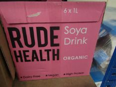 6x 1Ltr Cartons of Rude health Soya drink BB 24/07/21.