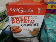 850g Box ofg RW Garcia Sweet Potatoe crackers, damaged outer box contents unchecked, BB 06/04/2021
