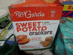 850g Box ofg RW Garcia Sweet Potatoe crackers, damaged outer box contents unchecked, BB 06/04/2021