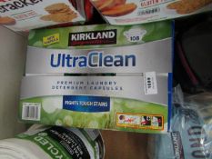 Box of 108 Kirkland Signature Premium Ultra Clean Laundry detergent capsules, the outer box is