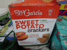 850g Box ofg RW Garcia Sweet Potatoe crackers, damaged outer box contents unchecked, BB 06/04/2021