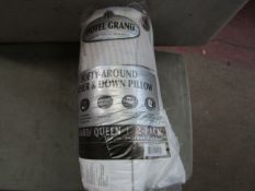 Pack of 2 Hotel Grand Feather and Down Pillows, the plastic packaging has been ripped and one of the