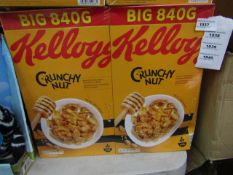 2x 840g boxes of Kellogs Crunchy Nut, BB 07/08/21, boxes may be damaged but the contents should be