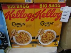 2x 840g boxes of Kellogs Crunchy Nut, BB 07/08/21, boxes may be damaged but the contents should be