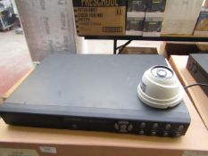 CCTV system set containing; 4 channel DVR / 4x dome cameras, all unchecked and boxed.