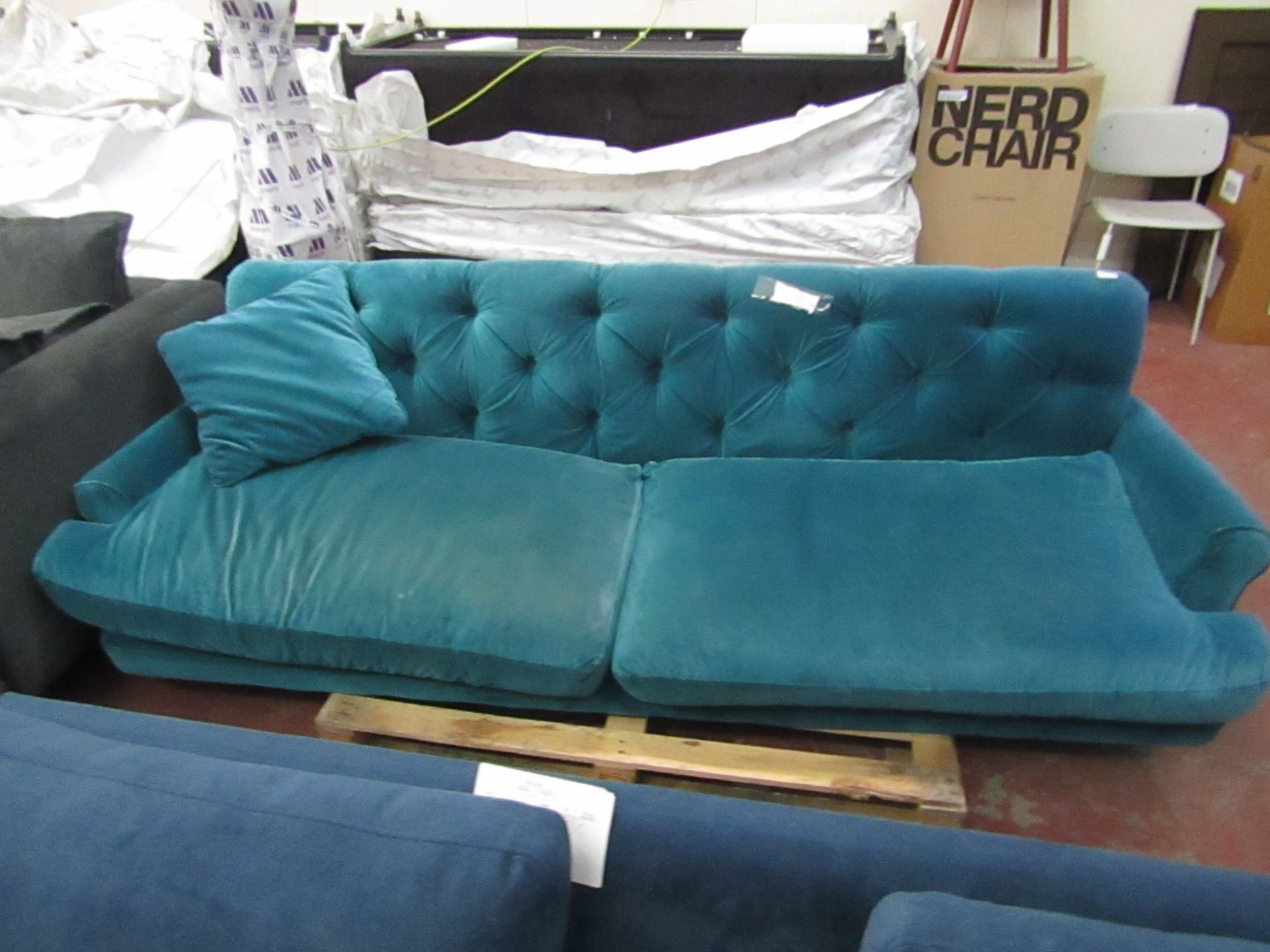 | 1x | SWOON VELOUR 3 SEATER SOFA, NO FEET AND NEEDS A CLEAN, THE SEAT CUSHIONS APPEAR TO BE FADED