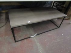 Coffe table with metal frame, the top needs reattaching and the corner is damaged