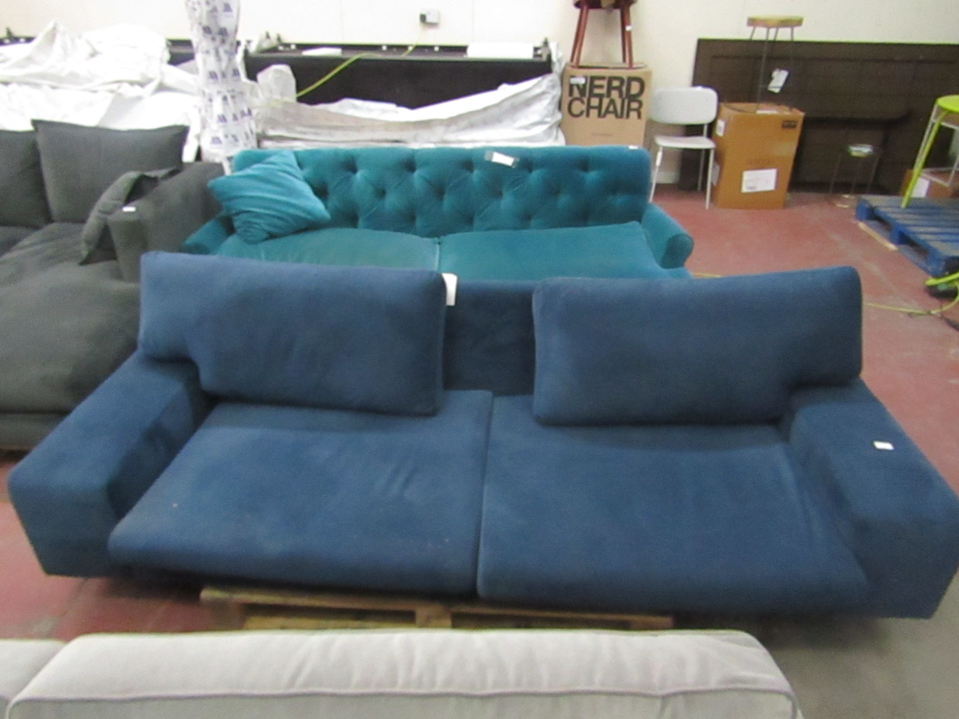 | 1x | SWOON BLUE FABRIC 3 SEATER SOFA, NO FEET AND NEEDS A CLEAN, THE BACK CUSHIONS ARE TOO SMALL