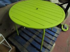 | 1X | MADE.COM GREEN OUTDOOR DINING TABLE 94CM DIAMETER | HAS A DENT ON ONE EDGE AND MAY HAVE SMALL