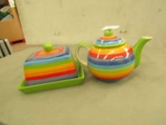 2 x Rainbow Items Being a 1 Cup Teapot & a Matching Butter Dish. New