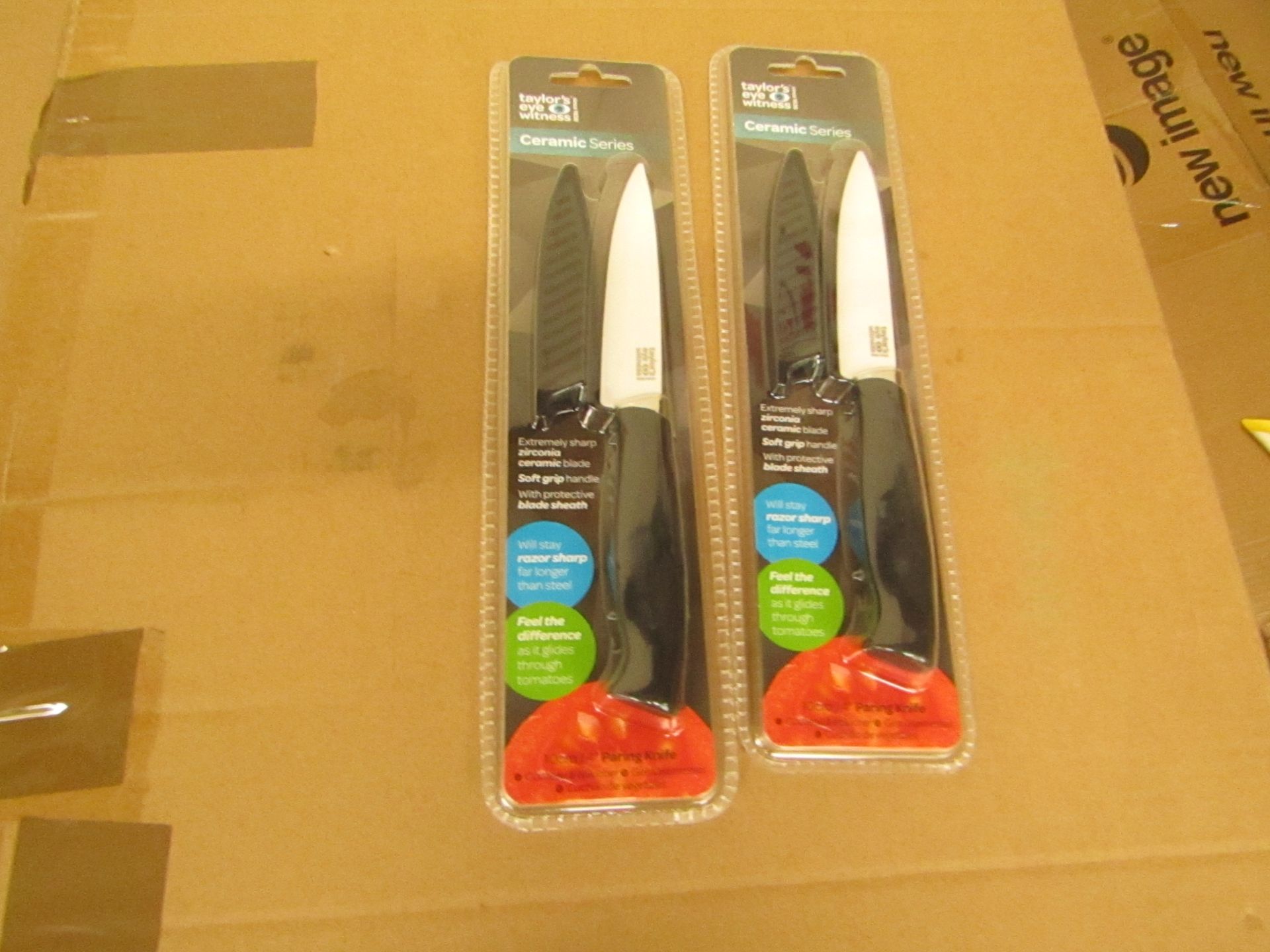 2x Taylors Eye Witness 4" ceramic pairing knives, new and packaged.