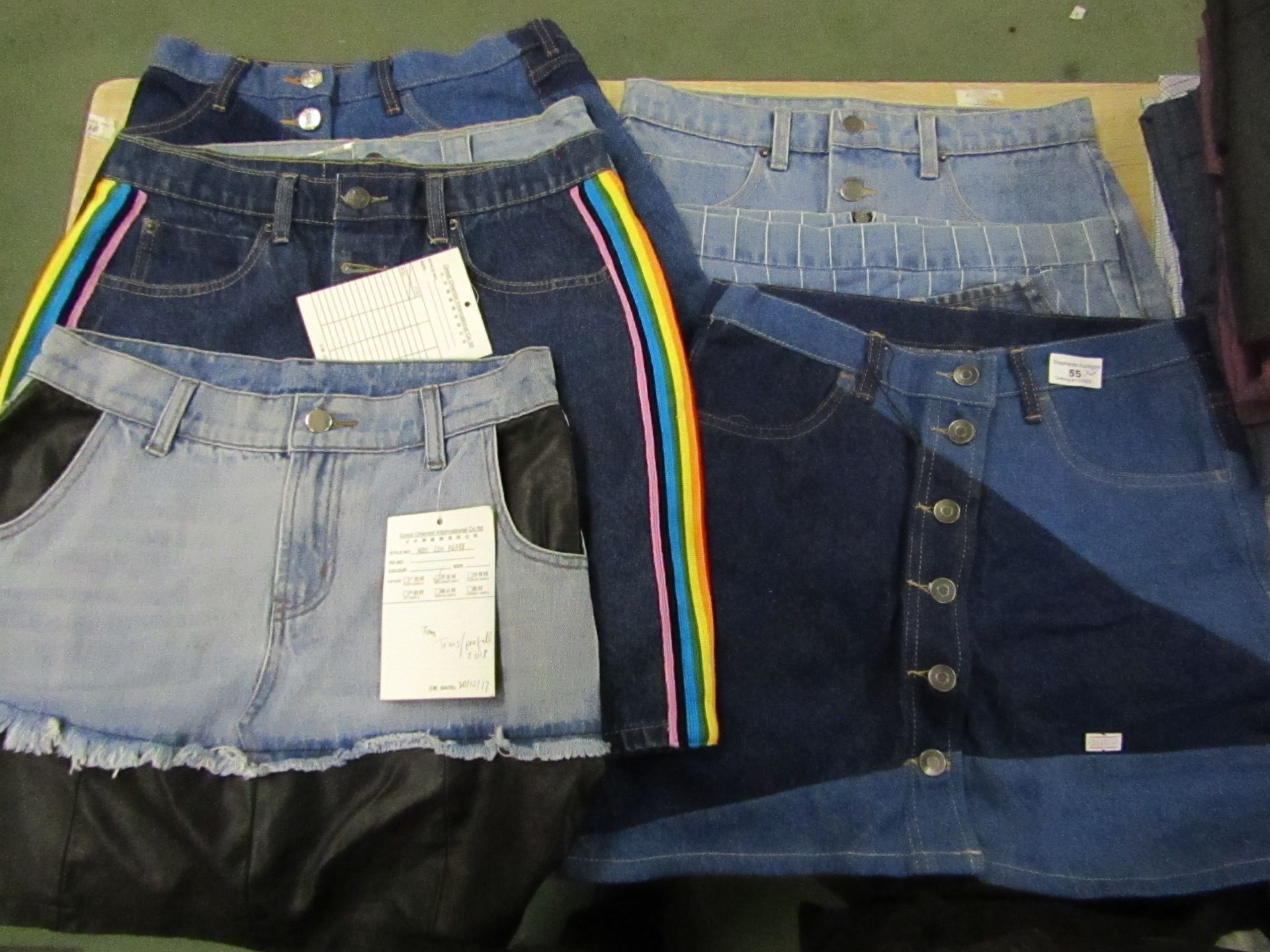 8 X Ladies Denim Mini Skirts Various Sizes & Designs, all New ( See Picture )