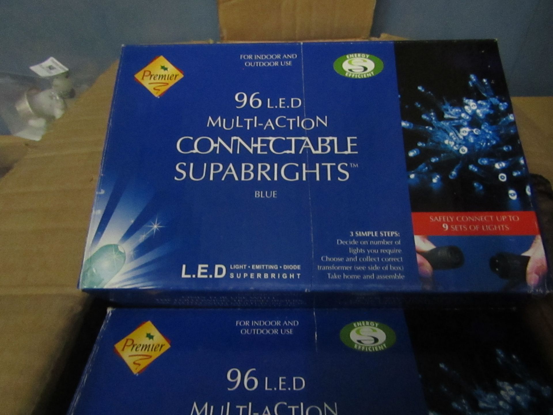 2 x Premier 96 LED Multi Action Connectable Supabright Lights in blue. Boxed but unchecked