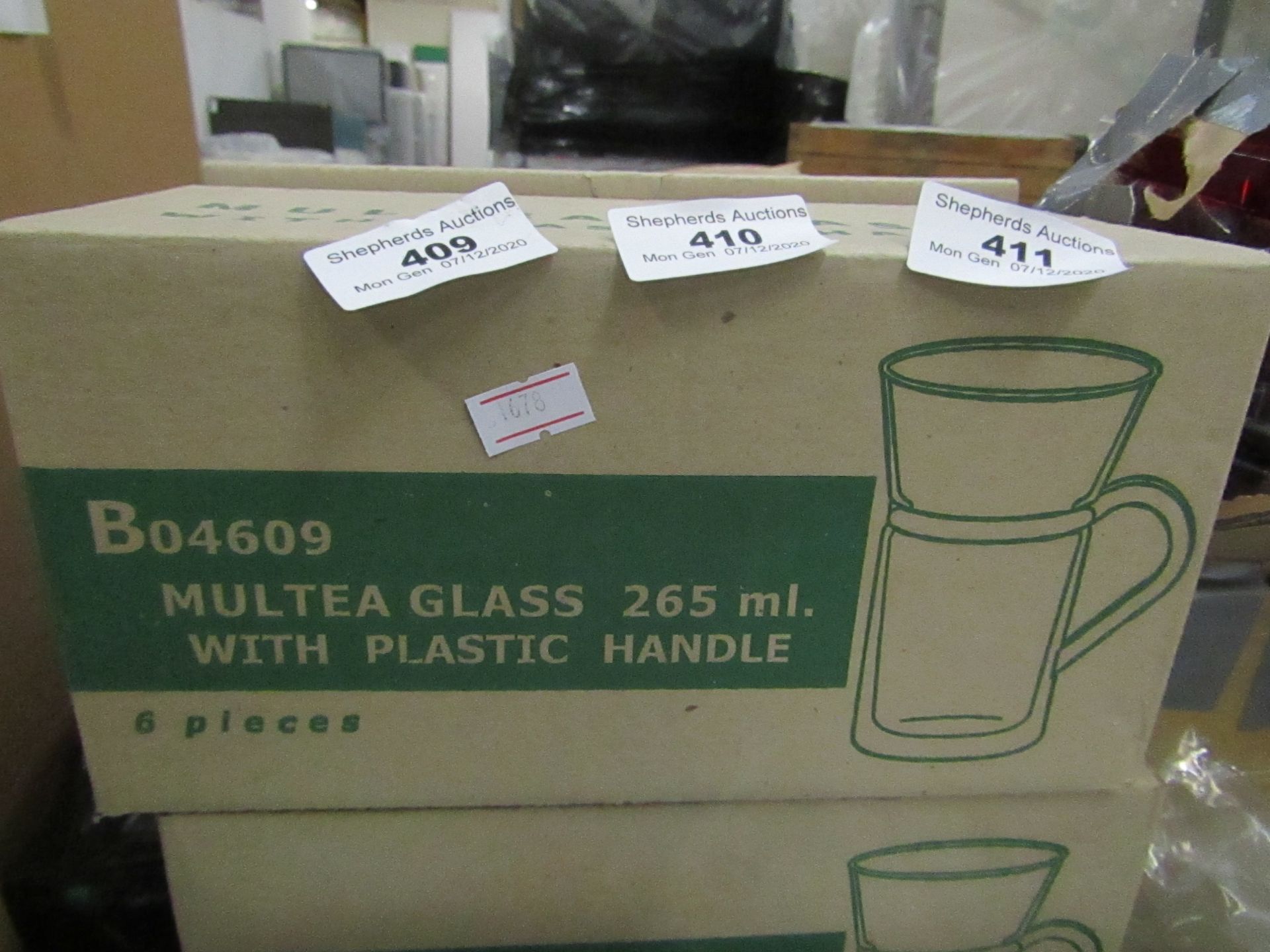 Box of 6 Multea Glass 265ml Cups with plastic handles. New & boxed