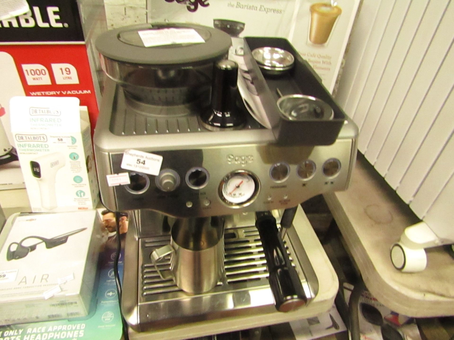 Sage the Barista Express bean to cup coffee machine, powers on but not tested all functions and