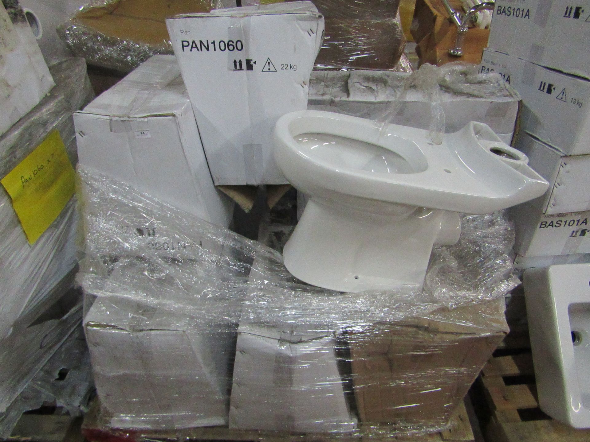 7x Victoria Plumb PAN1060 toilet pan, new and in water damaged box.