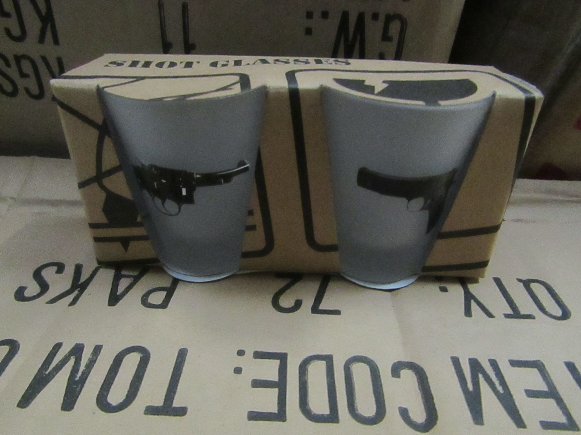 Tom's Depot - Shot Glasses (Cloudy With Gun Photos) - 2x Box of 6 - New & Boxed.